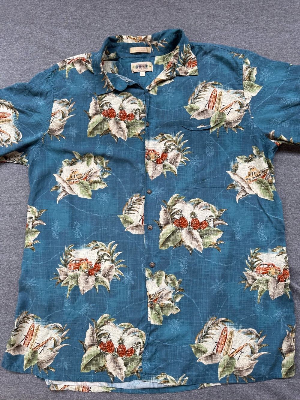 Campia Moda Mens 2XLT Blue Hawaiian Shirt Surfboard Van Pineapple Rayon